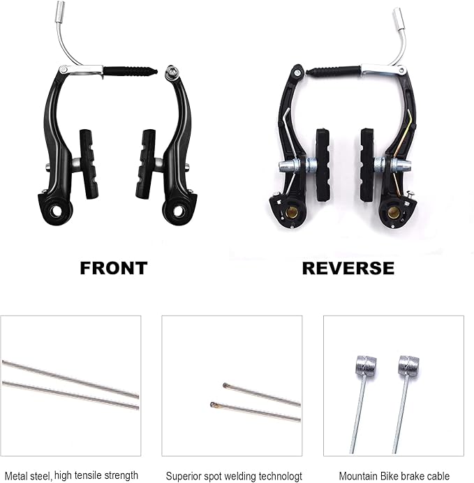 2 Pairs Bike Brakes, Universal Complete V Bike Brakes Set, Mountain Bike Replacement for Most Bicycle,Road Bike Brakes Cables with Front Back Wheels End Caps,End Ferrules -Black