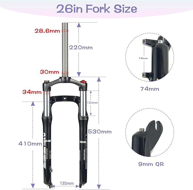 ZTZ 26 x 4.0 inch Fat Tyre MTB Suspension Fork - 100 mm Travel, 135 mm Spacing Hub, 9 mm QR, Manual Lockout Oil Spring Mountain Bike Front Fork, Ideal for Snow Beach XC Mountain Bikes