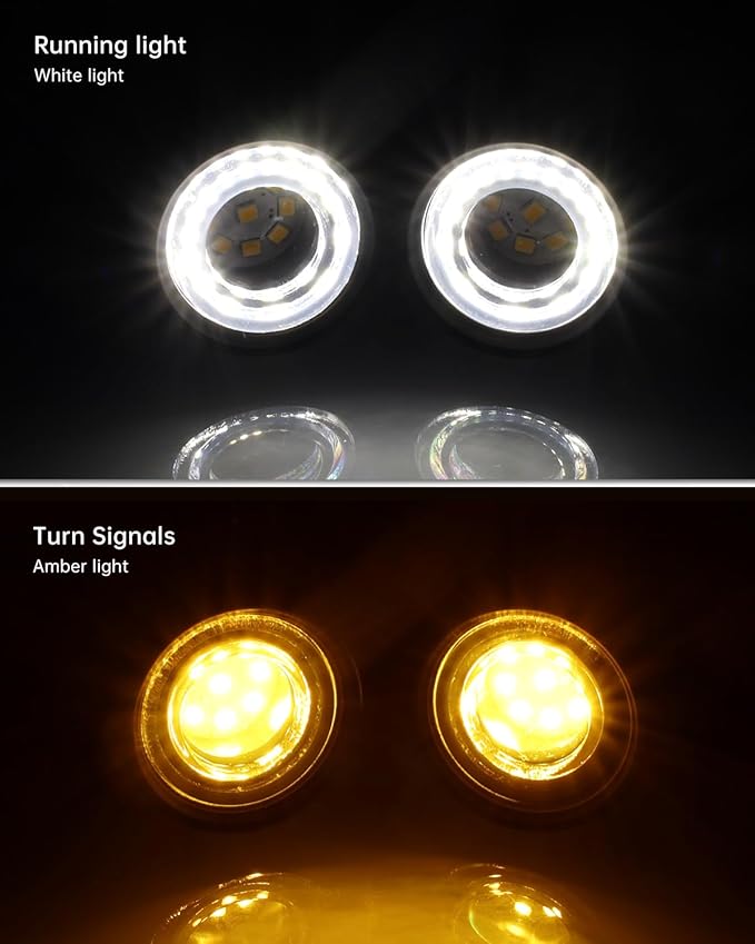 Motorcycle LED Turn Signals Front Blinkers with Running Light, Universal Bullet Indicator Lamps for Cruiser Chopper Street Bike Bobber (Chrome-White and Amber Light)