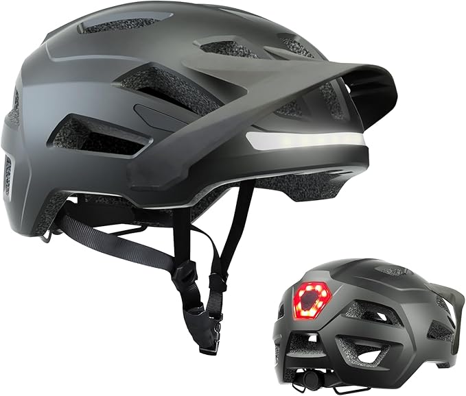 Bike Helmet, Helmets for Adults Men, Front and Back LED Lights Safe Certified MTB Road Bicycle Helmet with Adjustable Brim