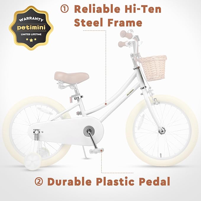 Petimini Vintage Kids Bike for Girls, 12–20 Inch Classic Bicycle with Wicker Basket & Bell, High Tensile Steel Frame, Training Wheels (12–18”), 85% Pre-Assembled, Retro Bike for Outdoor Riding