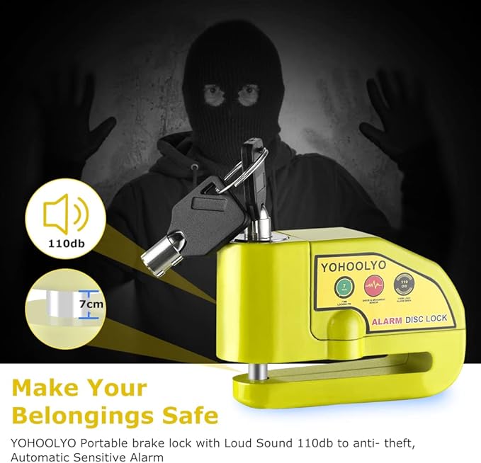 YOHOOLYO Alarm Disc Lock Motorcycle Disc Brake Lock Anti-Theft Waterproof 110 dB 7mm Pin 5ft Reminder Cable for Motorcycles Bike Scooter Carry Pouch