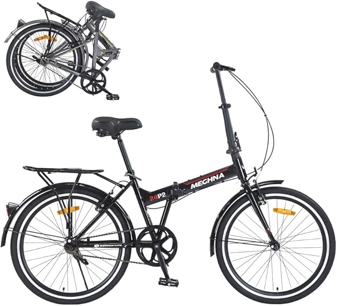 24 Inch Folding Bike for Adults, Steel Frame Single Speed City Commuter Bicycle, Dual V-Brake Portable Compact Bike with Fenders for Men Women