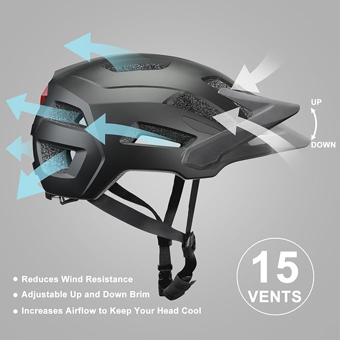 Bike Helmet, Helmets for Adults Men, Front and Back LED Lights Safe Certified MTB Road Bicycle Helmet with Adjustable Brim