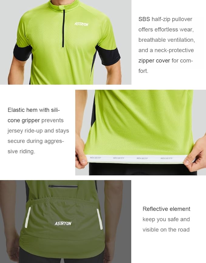 Men’s Cycling Jersey Short Sleeve UPF Half-Zip with 3+1 Zipper Pockets, Breathable Quick-Dry Moisture Wicking Fabric