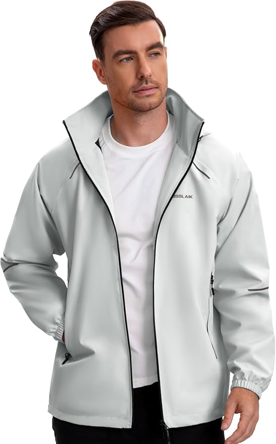 Men's Rain Jacket Waterproof Windproof Breathable for Hiking Cycling Commuting with Hood & Pockets