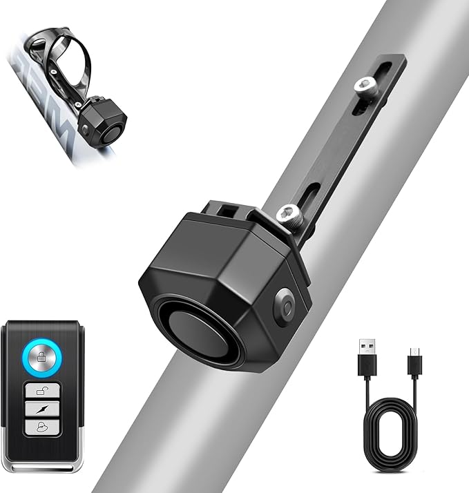 Cruxer Bike Alarm with L-Shaped Bracket for Water Bottle Cage Mount, USB Rechargeable Wireless Anti-Theft Vibration Alarm, 110db Volume and Sensitivity Adjustable Sensor Burglar System with Remote