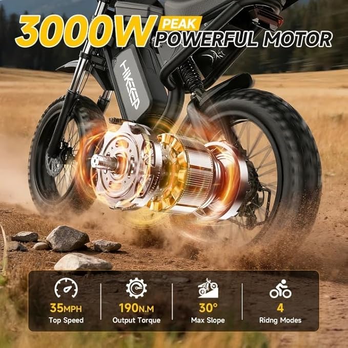 Electric Dirt Bike for Adults - Peak 1500W/3000W Electric Bikes, 48V/52V 15.6Ah/25Ah/40Ah, 50-100 Mile Range(PAS Mode), 16/20 Inch All-Terrain Fat Tire Motorcycle