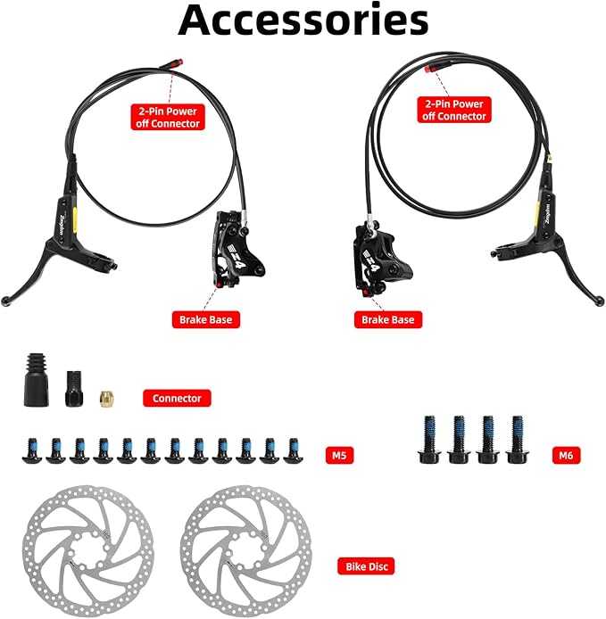 4-Pistons E-Bike Hydraulic Disc Brake Set, 2-PIN Electric Power-Off Hydraulic Brakes Set with 160mm Rotors, Pre-Bled with Mineral Oil Brakes Kit for eBike, MTB, Electric Scooters