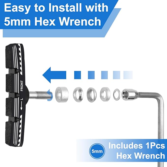 Bike Brake Pads Set, 70mm Universal V-Brake Blocks for Mountain and Road Bicycles, No Noise, No Skid, Includes Hex Wrench, Nut, and Shims for Front and Rear Wheels 2Pairs