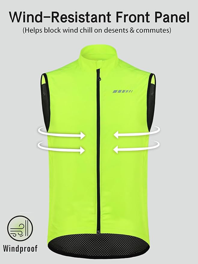 qualidyne Men’s Lightweight Windproof Cycling Vest, Full-Zip Sleeveless Bike Gilet with Breathable Mesh Back and Reflective