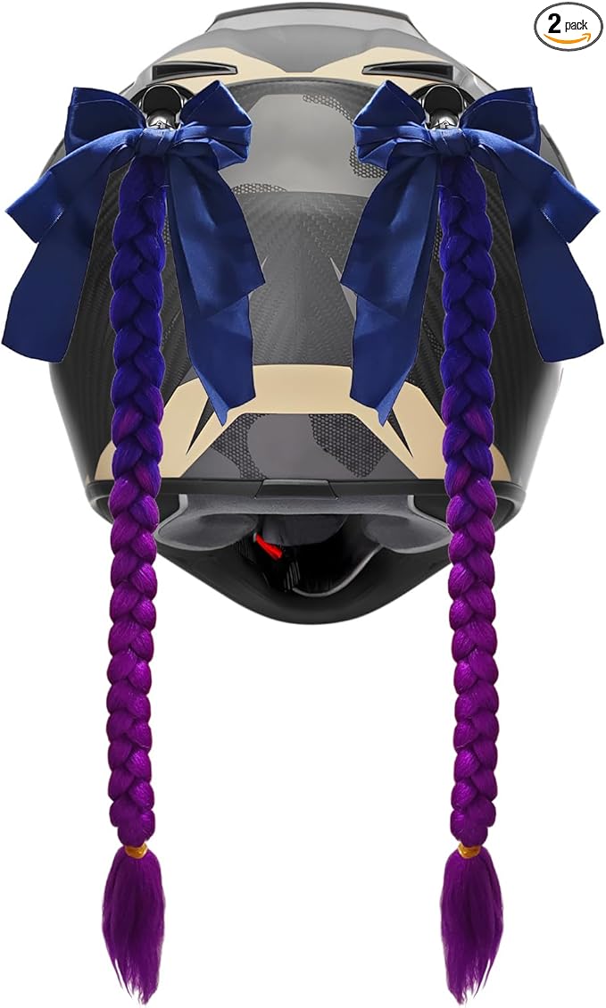 2PCS Helmet Pigtail Braids, Motorcycle Helmet Ponytail with Suction Cup, Bowknot Pigtails for Bicycle Helmet Decoration (Blue-Purple)