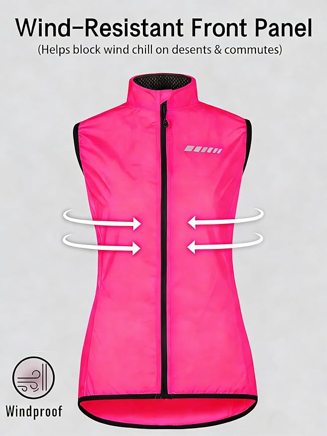 qualidyne Women's Windproof Cycling Vest, Lightweight Full-Zip Breathable Sleeveless Bike Jacket, 1 Back Pocket, Reflective