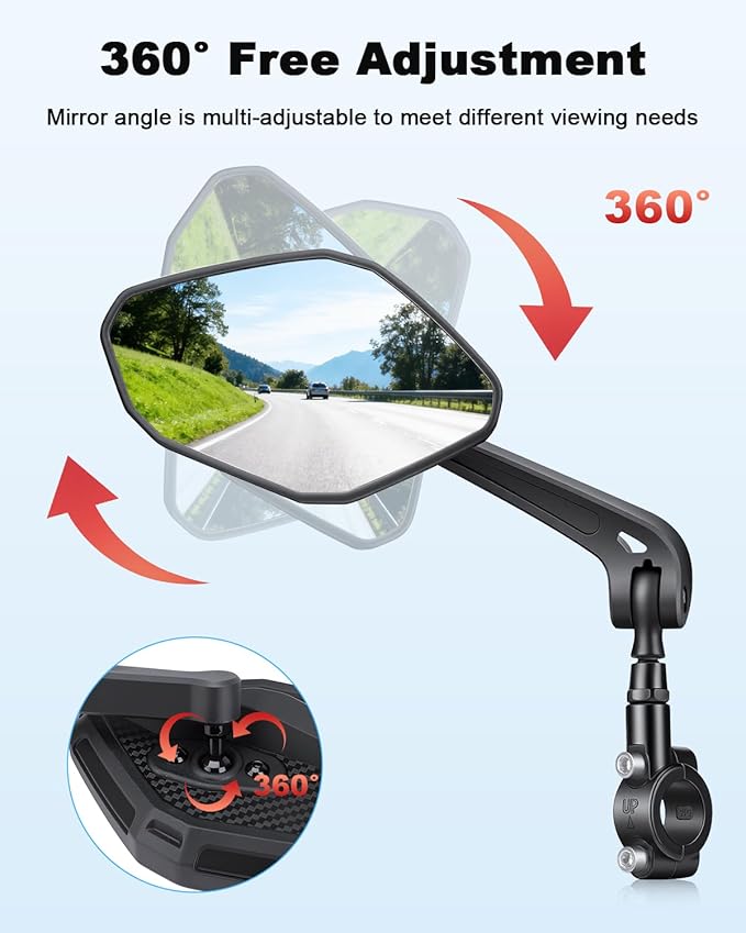 WSDCAM Bike Mirror HD Wide View, Adjustable Safety Rear View Mirrors, Scratch Resistant Glass Lens, Bicycle Accessories Universal Fit 0.87-1.10" Handlebars Mountain/Road bike Scooter Motorcycle eBike