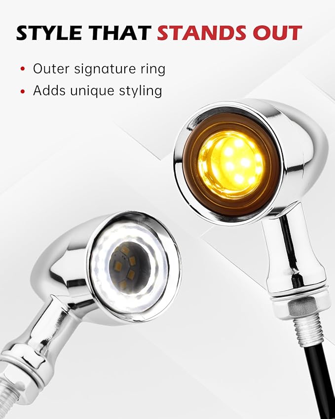 Motorcycle LED Turn Signals Front Blinkers with Running Light, Universal Bullet Indicator Lamps for Cruiser Chopper Street Bike Bobber (Chrome-White and Amber Light)