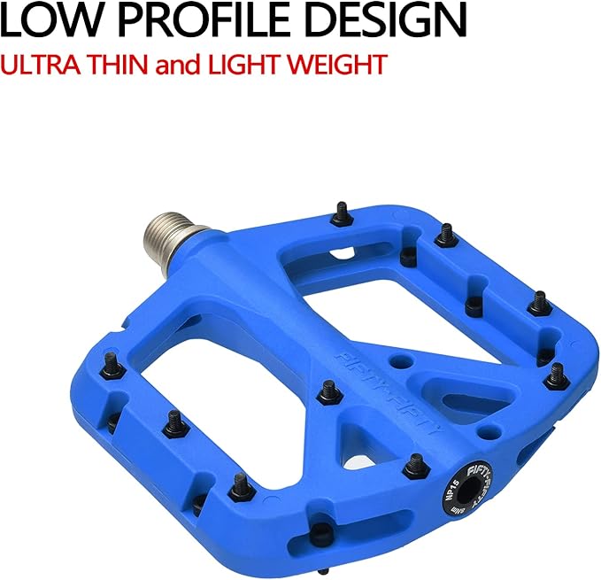 FIFTY-FIFTY Mountain Bike Pedals, Non-Slip MTB Nylon Composite, 9/16" Bicycle Pedals, Lightweight and Wide Flat Platform