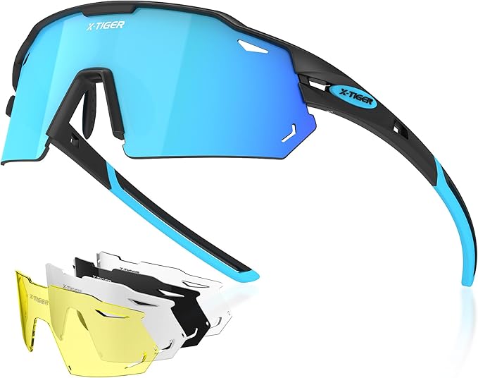 X-TIGER Polarized Cycling Glasses with 5 Interchangeable Lenses,MTB Biking Baseball Running Sports Sunglasses for Men Women