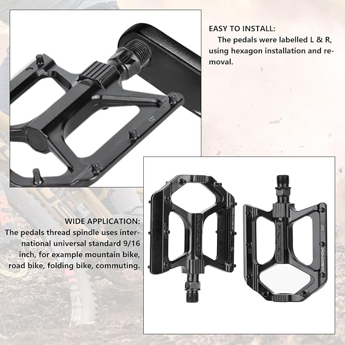 Mountain Bike Pedals MTB Pedals, Large Size Aluminum Alloy Body with Boron Steel Spindle, Equipped with DU Bearings, Ideal for Off-Road Cycling