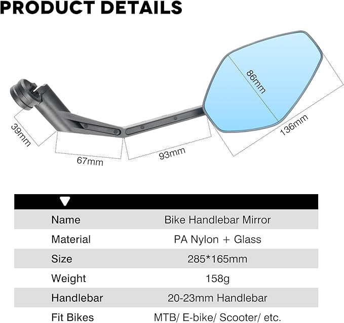 Handlebar Bike Mirror, Bicycle Rear View Mirrors, Scratch Resistant Convex HD Glass, Carbon Fiber Housing, Safe Bike Rearview Mirror for MTB, E-bike, Road Bike Accessories, Fit 20-23mm