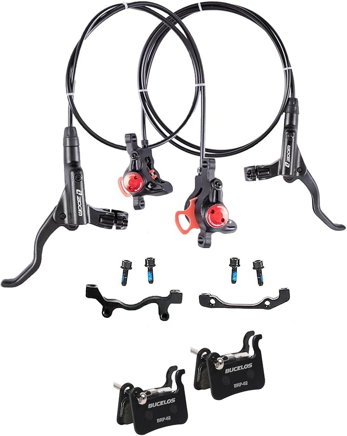 BUCKLOS Black MTB Hydraulic Disc Brakes Mountain Bike Hydraulic Brake Set and 2 Pair Resin Bike Disc Brake Pads Compatible with Shimano Deore XT XTR LX SLX Hone Alfine Saint Disc Brake