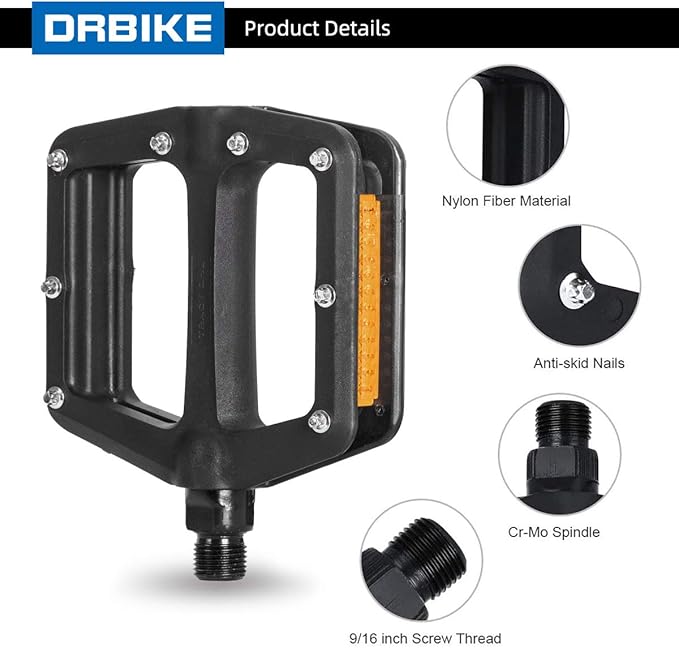 DRBIKE Mountain Bike Pedals MTB Pedals 9/16" Sealed Bearing Lightweight Nylon Bicycle Flat Platform Pedals for MTB BMX Road Bike Kids Bike Replacement Pedal