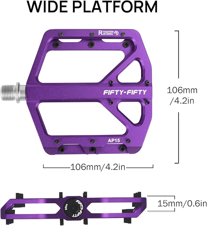 FIFTY-FIFTY Mountain Bike Pedals, Non-Slip and Aluminum Alloy Bicycle Flat Pedals, 9/16" Sealed Bearing, Lightweight and Wide Platform for All Mountain, Enduro, Downhill, E-Bike, MTB
