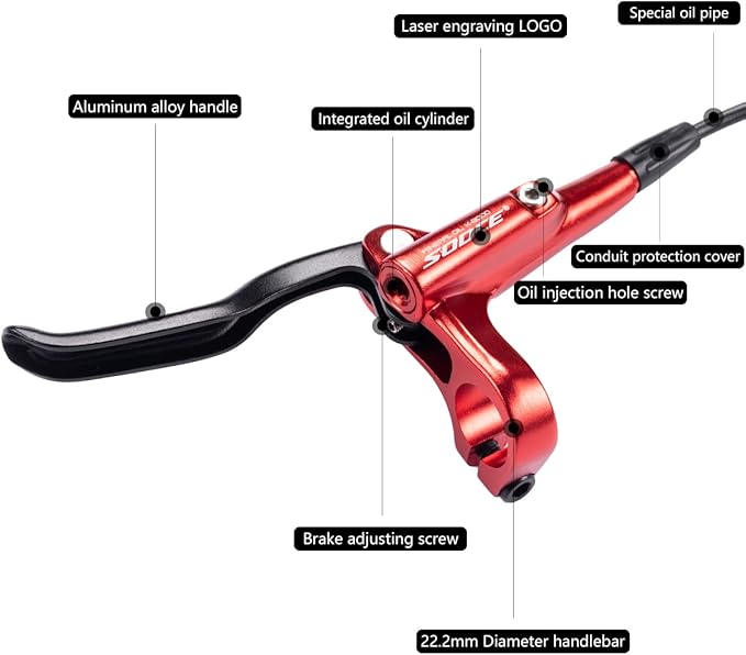 Cyclon MTB Hydraulic Disc Brakes Set, Black/Red Aluminum Alloy Hydraulic Brakes for Mountain Bike Left Front 1000mm Right Rear 1700mm Hydraulic Bicycle Brakes with is/PM Adapter Fit 160mm Rotor