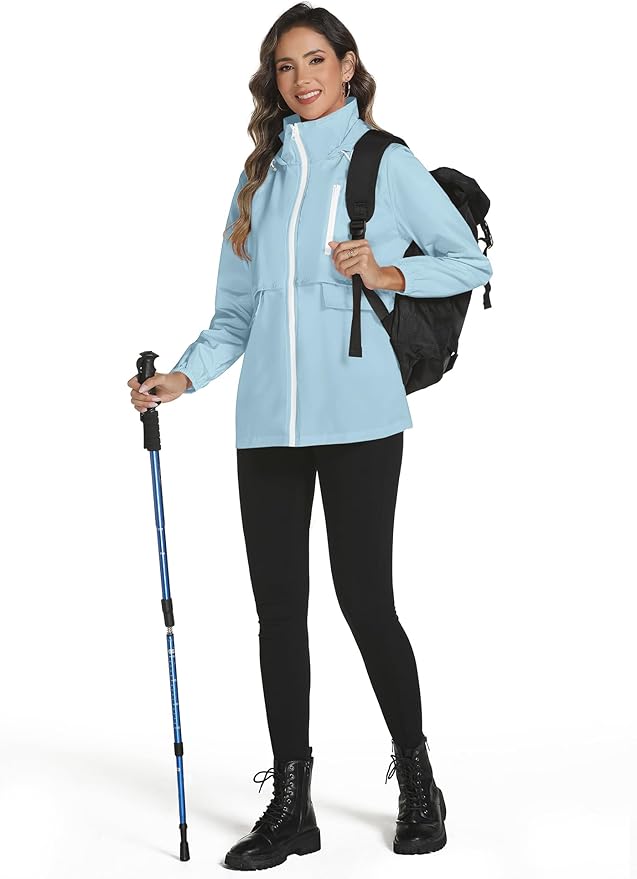 Avoogue Rain Jacket Women with Hooded Lightweight Waterproof Raincoats Packable Zipper Pockets Windbreakers