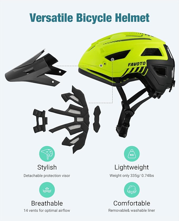 Favoto Adult Mountain Bike Helmet for Men & Women, Magnetic Buckle MTB Helmet with Removable Visor, Lightweight for Commuting & Off-Road Cycling