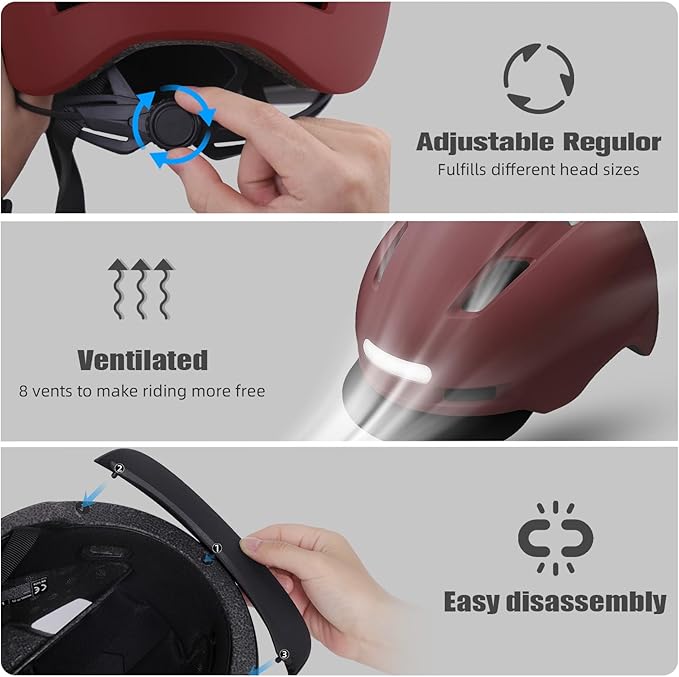 Bike Helmet, Shinmax Adult Cycling Helmet with USB Rechargeable LED Front and Back Light Bicycle Helmets for Men Women