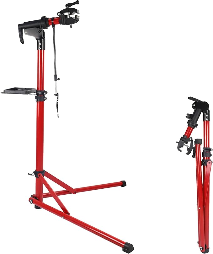 Bike Repair Stand (Max 132 lbs) - Foldable Bike Stand for Maintenance of Road Bike & Mountain Bike,Bicycle Repair Stand for E-bikes with Super-strong Tube,Height Adjustable Portable Bicycle Heavy Duty Mechanics Workstands (Red（MAX LOAD:132LBS）)