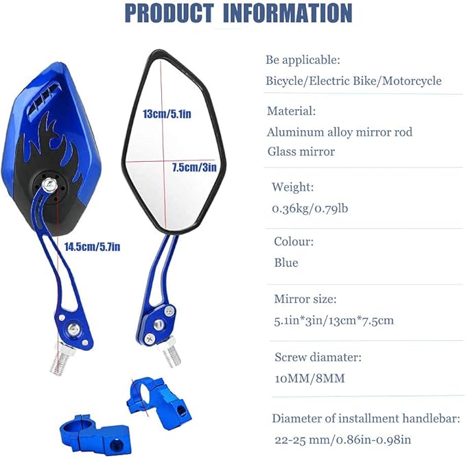 Adjustable Bike Mirrors - Handlebar Rearview Mirror for Electric Bike, Blue