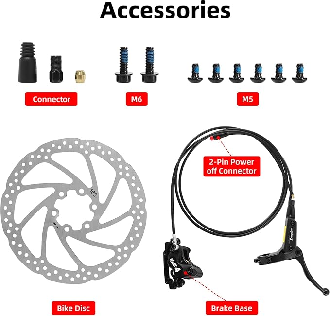 4-Pistons E-Bike Hydraulic Disc Brake Set, 2-PIN Electric Power-Off Hydraulic Brakes Set with 160mm Rotors, Pre-Bled with Mineral Oil Brakes Kit for eBike, MTB, Electric Scooters(Right Rear)