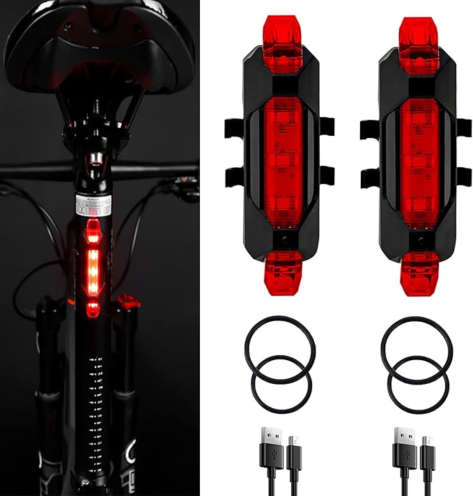 2 Pack USB Rechargeable LED Bicycle Rear Lights Cycling Bike Taillight Safety Lamp Night Essential Waterproof 4 Modes Warning Light for Men Women Kids MTB