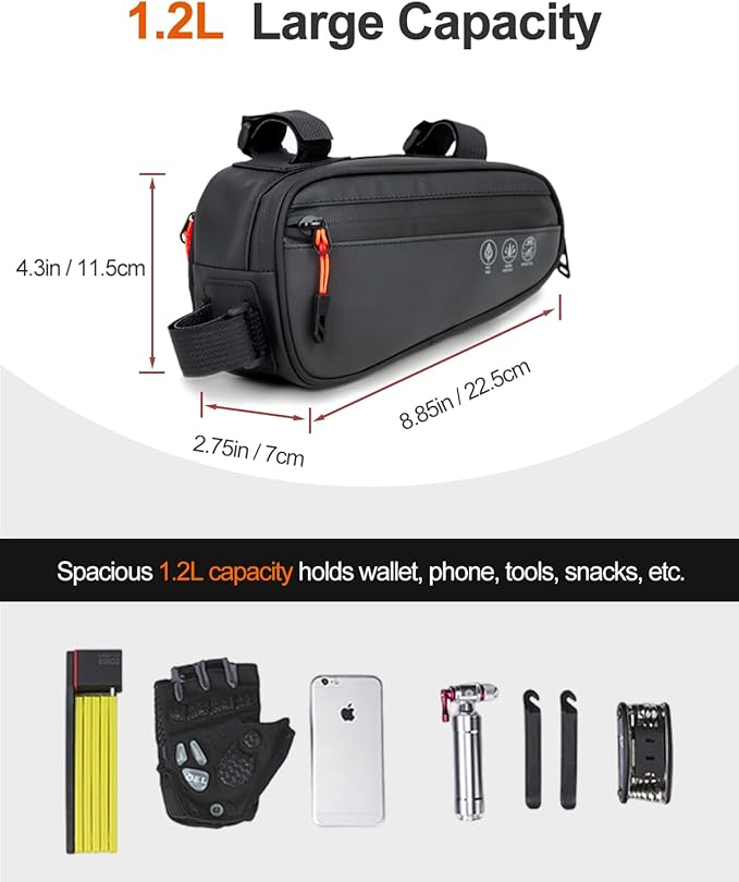 Bike Frame Bag, Water Resistant Bicycle Triangle Pouch with 2 Side Pockets, 3-in-1 Under Seat Storage Top Tube Pack for MTB Mountain Road Commuter Bikes, 1.2L