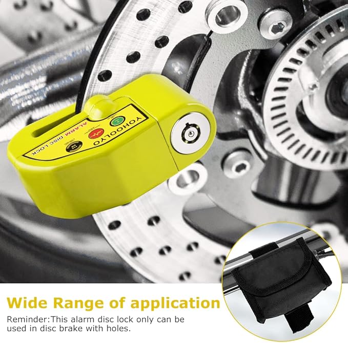 YOHOOLYO Alarm Disc Lock Motorcycle Disc Brake Lock Anti-Theft Waterproof 110 dB 7mm Pin 5ft Reminder Cable for Motorcycles Bike Scooter Carry Pouch