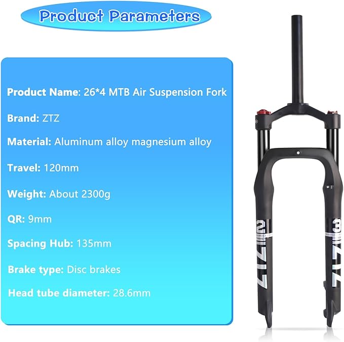 B Bolany 26 * 4.0 inch Fat Tire MTB Air Suspension Fork - 120mm Travel, 135mm Spacing Hub，9mm QR，Crown Lockout,Ultralight Mountain Bike Front Fork， Ideal for Snow Beach XC Mountain Bikes