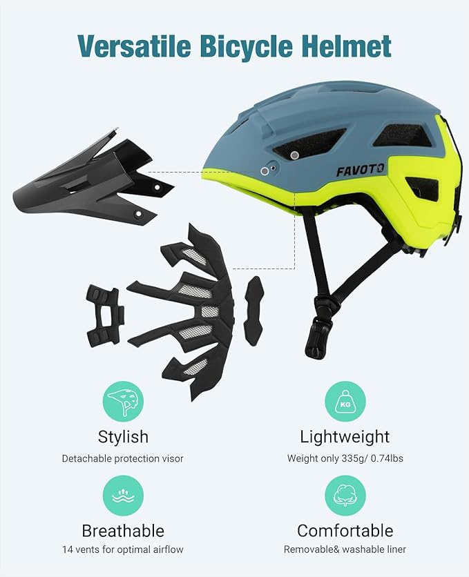 Favoto Adult Mountain Bike Helmet for Men & Women, Magnetic Buckle MTB Helmet with Removable Visor, Lightweight for Commuting & Off-Road Cycling