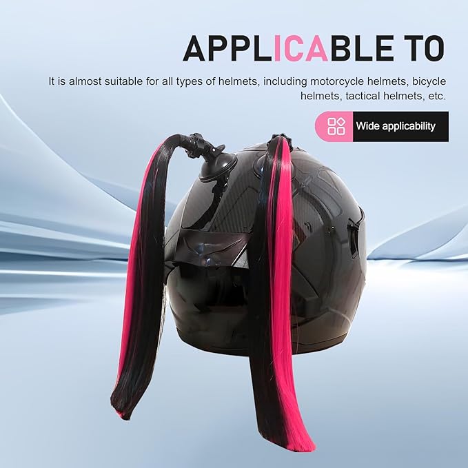 2 PCS Helmet Pigtails, Fun Pigtail Decorations for Helmet with Suction Cup, Detachable Fake Hair Decor, Universal for Motorcycle Bike Helmets (Black & Pink)