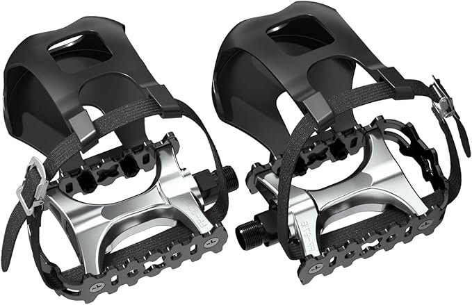 Bike Pedals with Toe Cages and Adjustable Straps - 9/16 Inch Aluminum Alloy MTB Pedals with Sealed Bearing - Wide Platform Bicycle Flat Pedals for Road Mountain Indoor Cycling