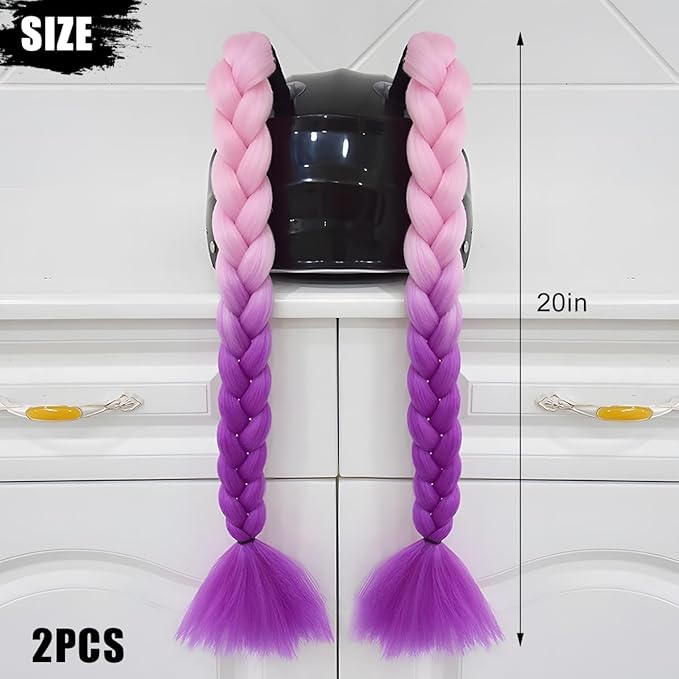 Helmet Pigtail Braids, 2PCS Motorcycle Helmet Ponytail Hair Tails Braid with Detachable Suction Cup, Hel-met Not Included, Bike Decoration Accessories, Universal for Bicycle Motorbike (Style2)