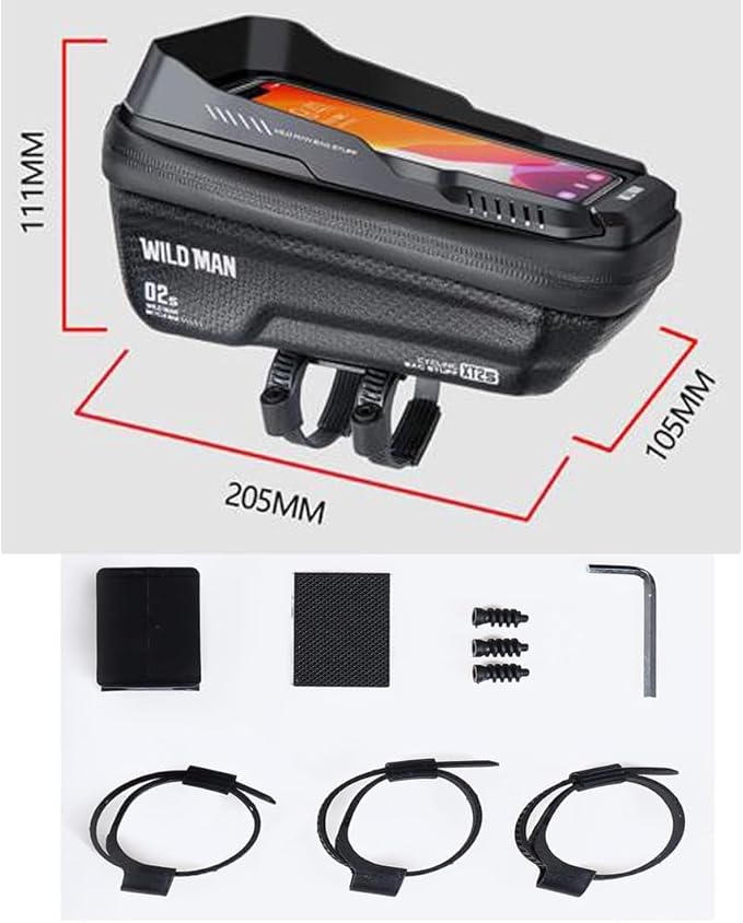 Bike Frame Bag, Bike Handlebar Bag, Waterproof Cycling Front Top Tube Pouch Pannier Bicycle Phone Mount Holder Cycle Crossbar Storage Bags for iPhone 16 15 14 13 12 11 Pro Max Smartphone Below 6.9''