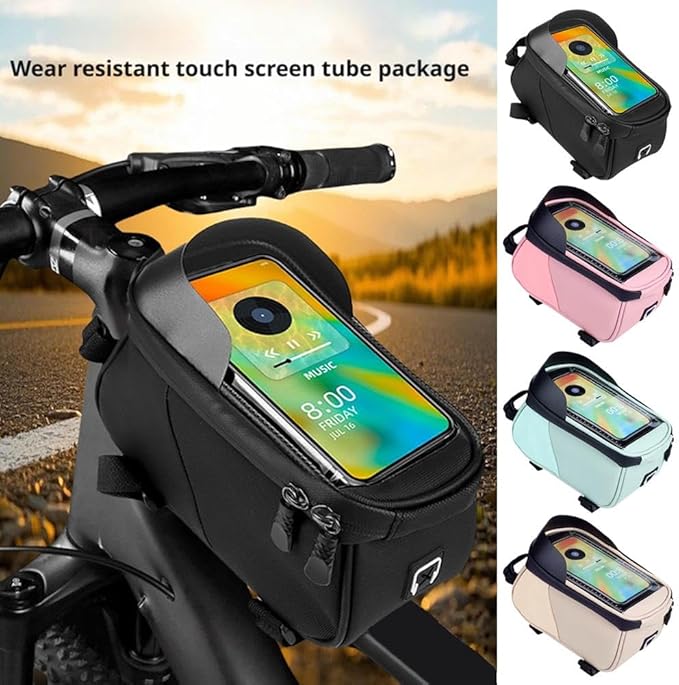 Bike Frame Bag Waterproof - Top Tube Frame Pouch, Cycling Pouch with Rain Cover, Fits Up to 6.5" Touchscreen Window, Storage Straps (beige brown)