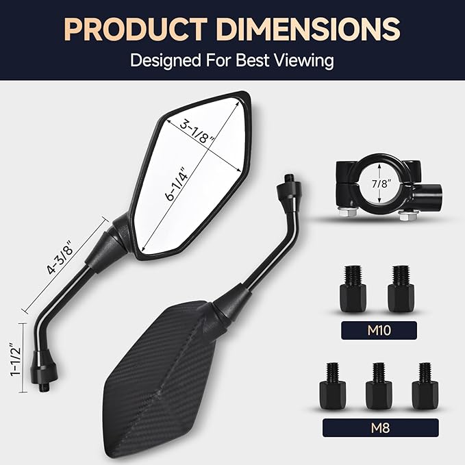 Motorcycle Rear View Mirrors with 8MM 10MM Bolts, 7/8" Handlebar Mount Clamp, Universal Hawk-Eye ATV Mirrors Compatible with Motorcycle Scooter Moped Snowmobile Dirt Bike and More(Carbon Fiber Style)