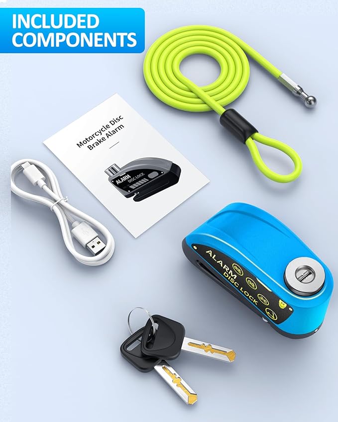 ONVIAN Rechargeable Motorcycle Lock with 120db Alarm and 6FT Steel Reminder Cable, for 7mm Pin Motorcycles Bicycles Ebike Scooter Moped(Blue)