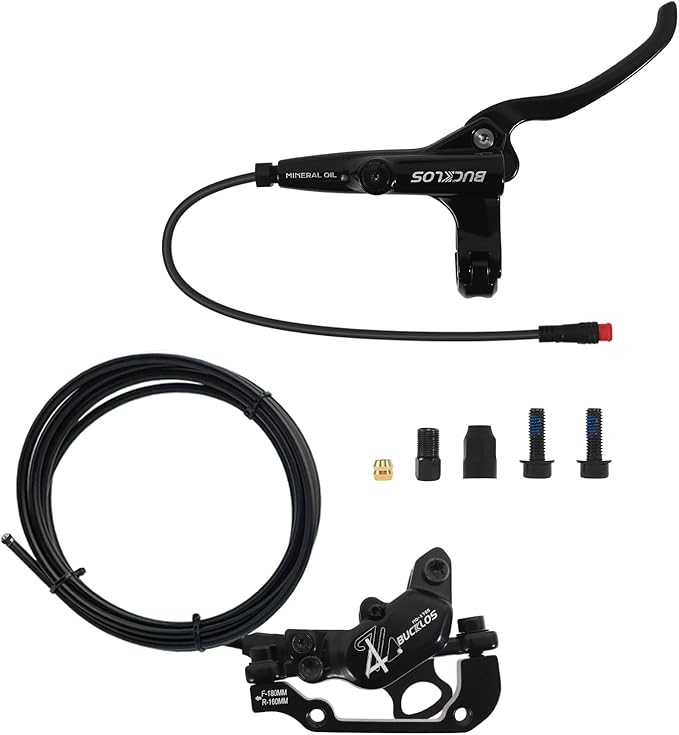 BUCKLOS EBike 2-PIN 4 Pistons Electric Power Off MTB Hydraulic Disc Brake Set,E-Bike Left Front 1150mm Right Rear 1950mm Aluminum Alloy Caliper Lever for ebike/Scooter/Mountain Bike HD-E735(Pre-Bled)