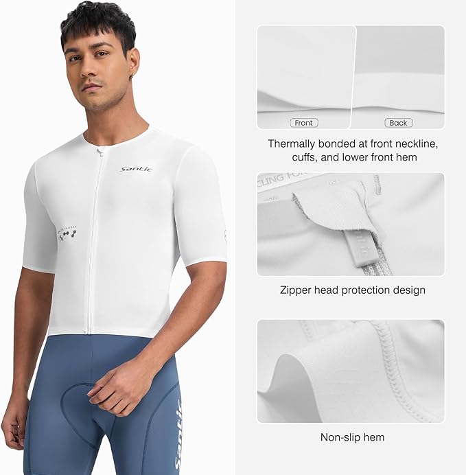 Santic Men's Cycling Jersey Short Sleeve Tops Bicycle Bike Shirt Full Zipper UPF 50+ Bicycle Jersey with Pockets
