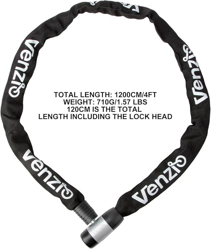 Venzio Heavy Duty Bike Chain Lock, 6mm Steel Security Chain with 2 Keys, 4FT (1200mm) Anti-Theft Bicycle Lock, Waterproof Sleeve and Zinc Alloy Cylinder for Bike, E-Bike, Scooter, Door, Fence
