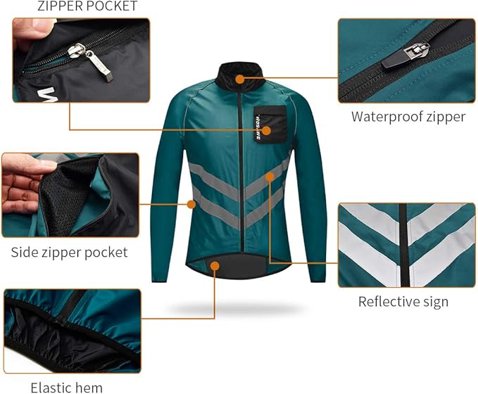 WOSAWE Men's High Visibility Cycling Wind Jacket Water Resistance Reflective Windbreaker