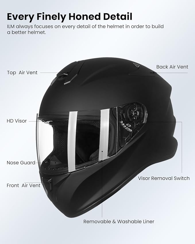 ILM Full Face Motorcycle Street Bike Helmet with Enlarged Air Vents, Free Replacement Visor for Men Women DOT Approved Model ST-06 (Matte Black, X-Large)